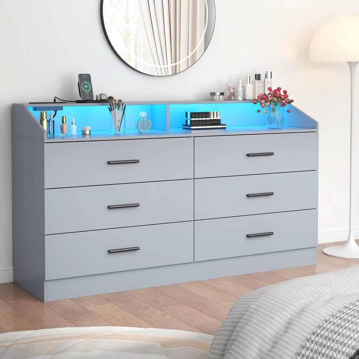 Grey Six Drawer Dresser With Power Outlet And USB Ports from PriceLows™