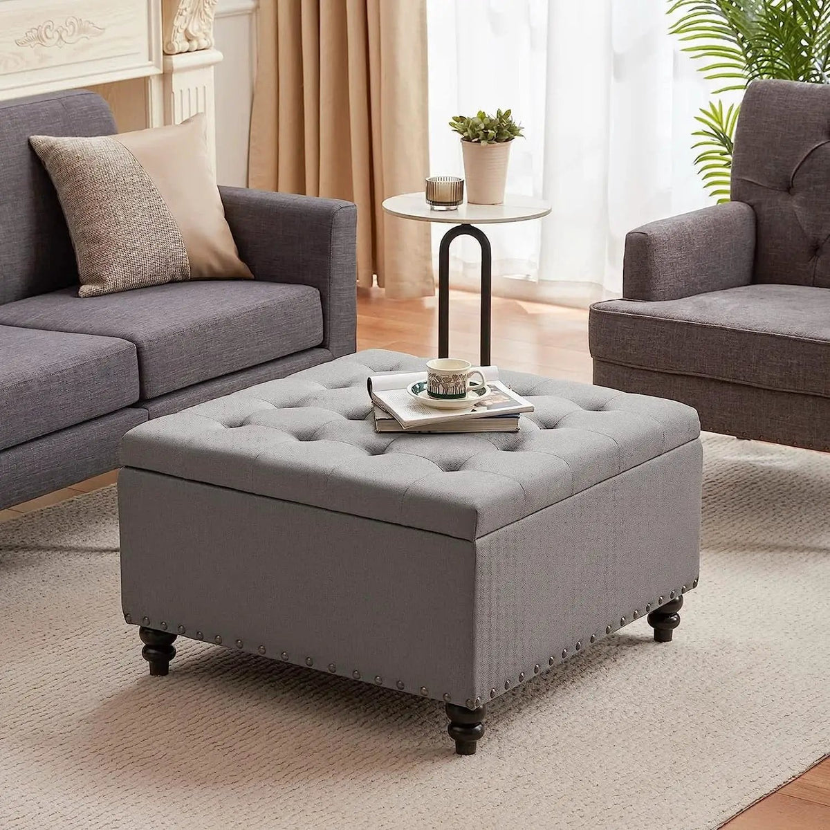 Grey Tufted Storage Ottoman Square For Living Room from PriceLows™
