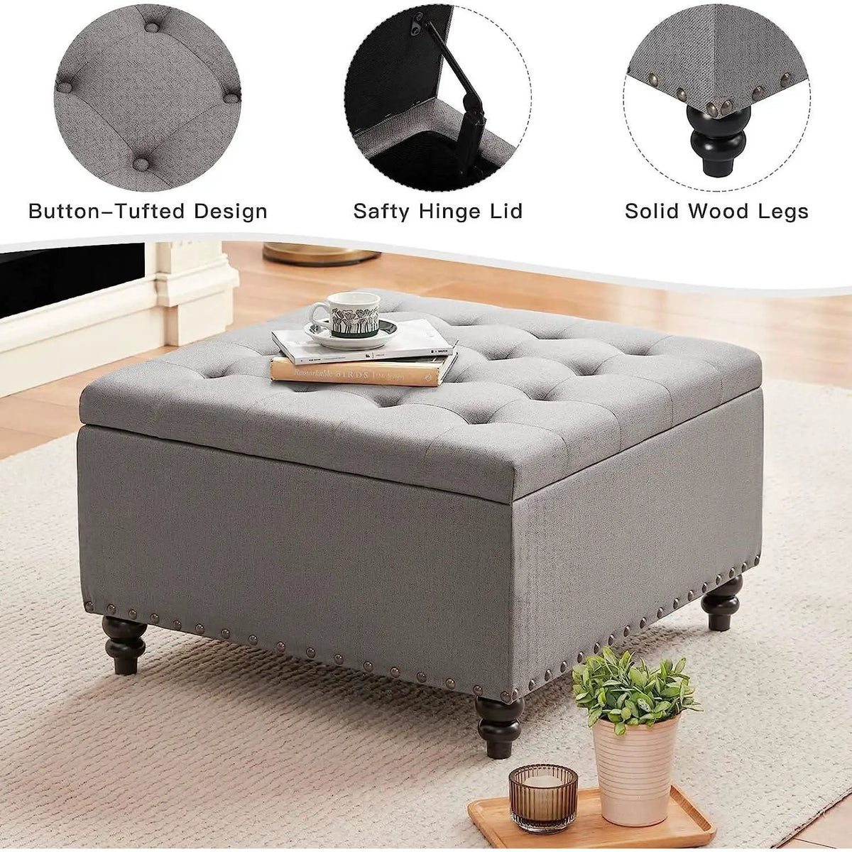 Grey Tufted Storage Ottoman Square For Living Room from PriceLows™