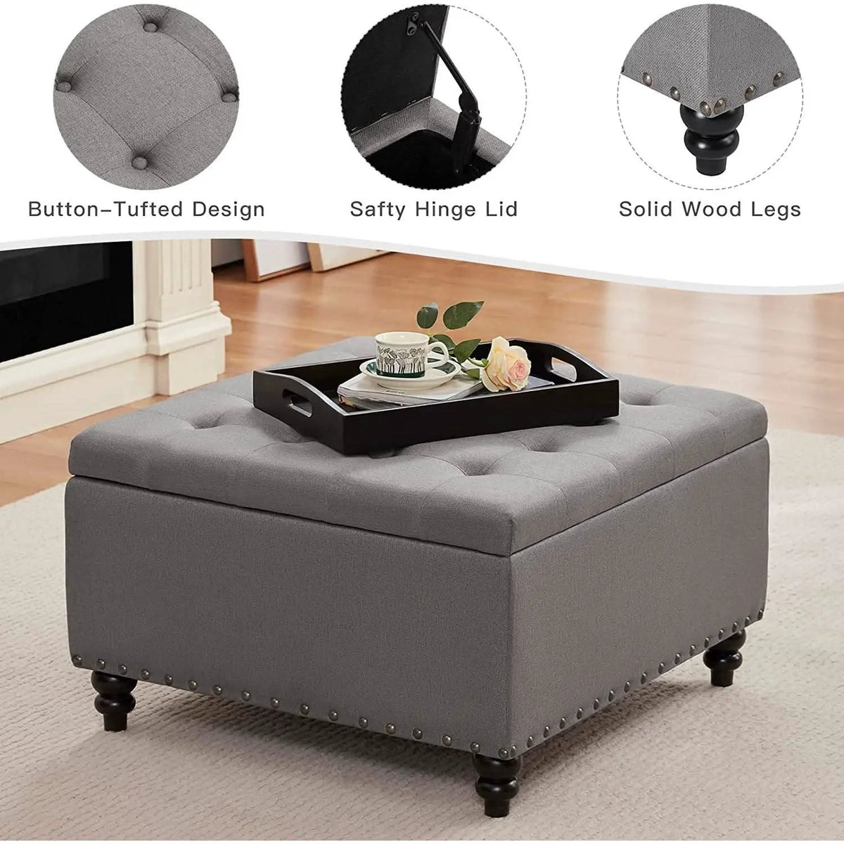 Grey Tufted Storage Ottoman With Tray Square Coffee Table from PriceLows™