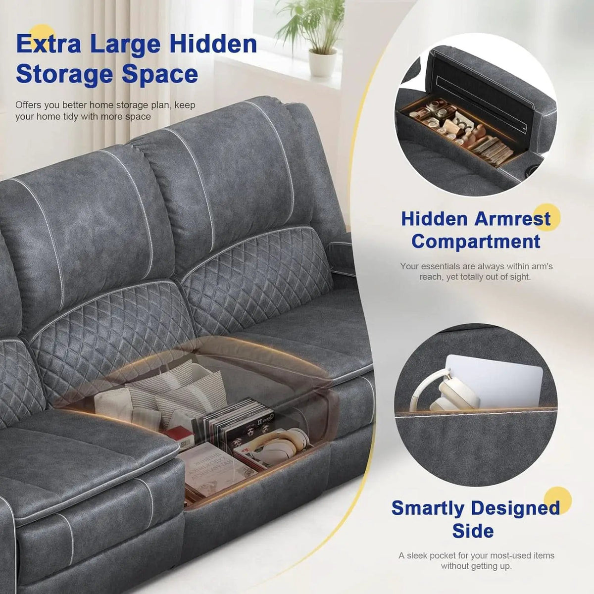 Grey Velvet 3 Seater Recliner Sofa With USB Ports Storage from PriceLows™