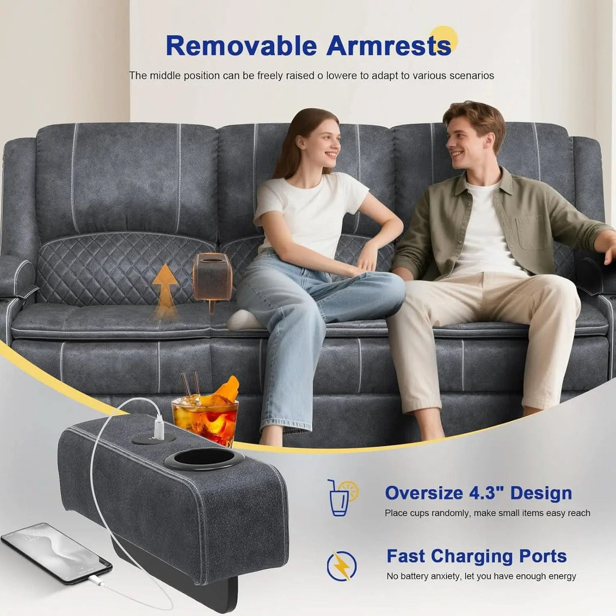 Grey Velvet 3 Seater Recliner Sofa With USB Ports Storage from PriceLows™