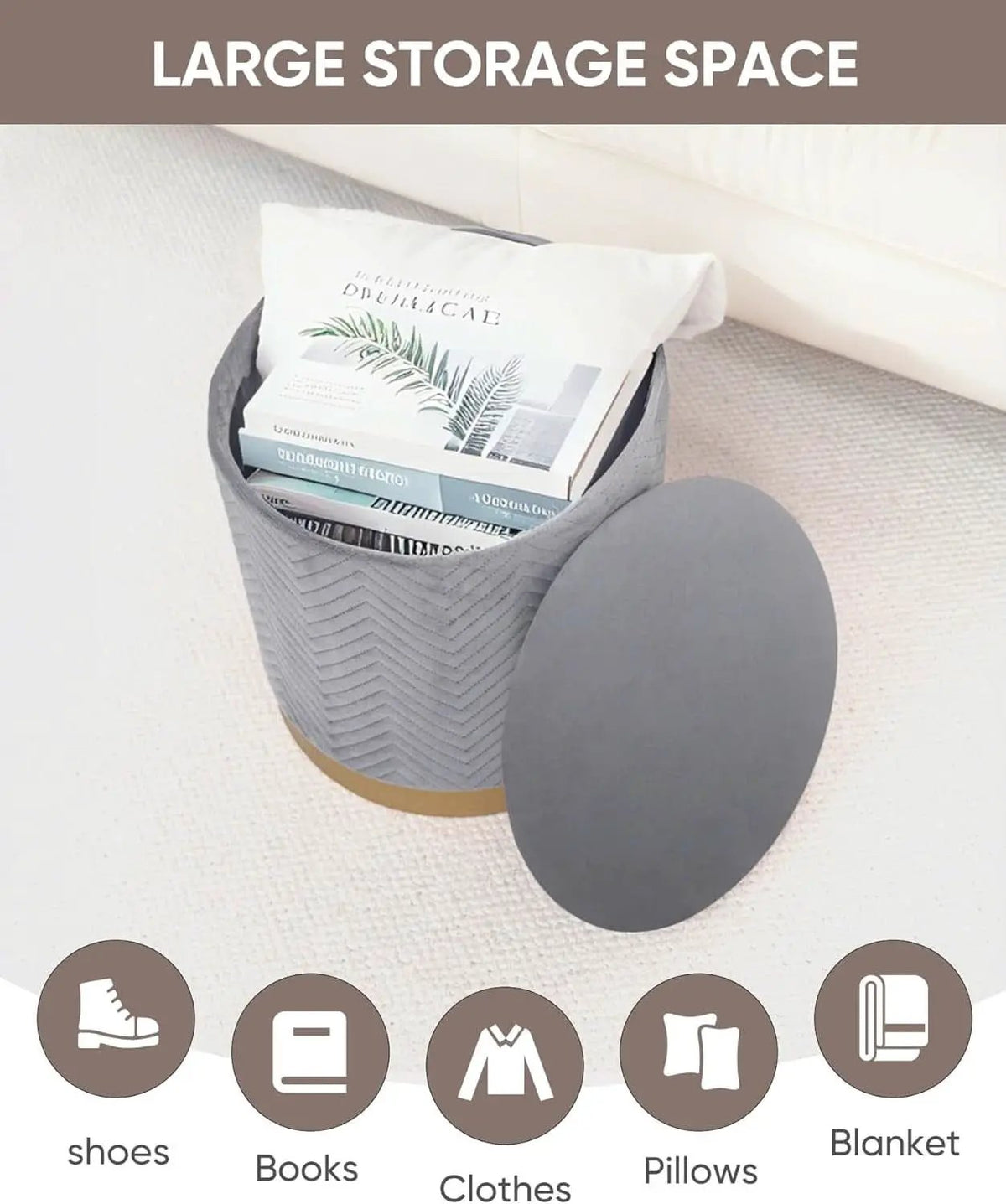 Grey Velvet Circular Storage Ottoman Golden Accents from PriceLows™