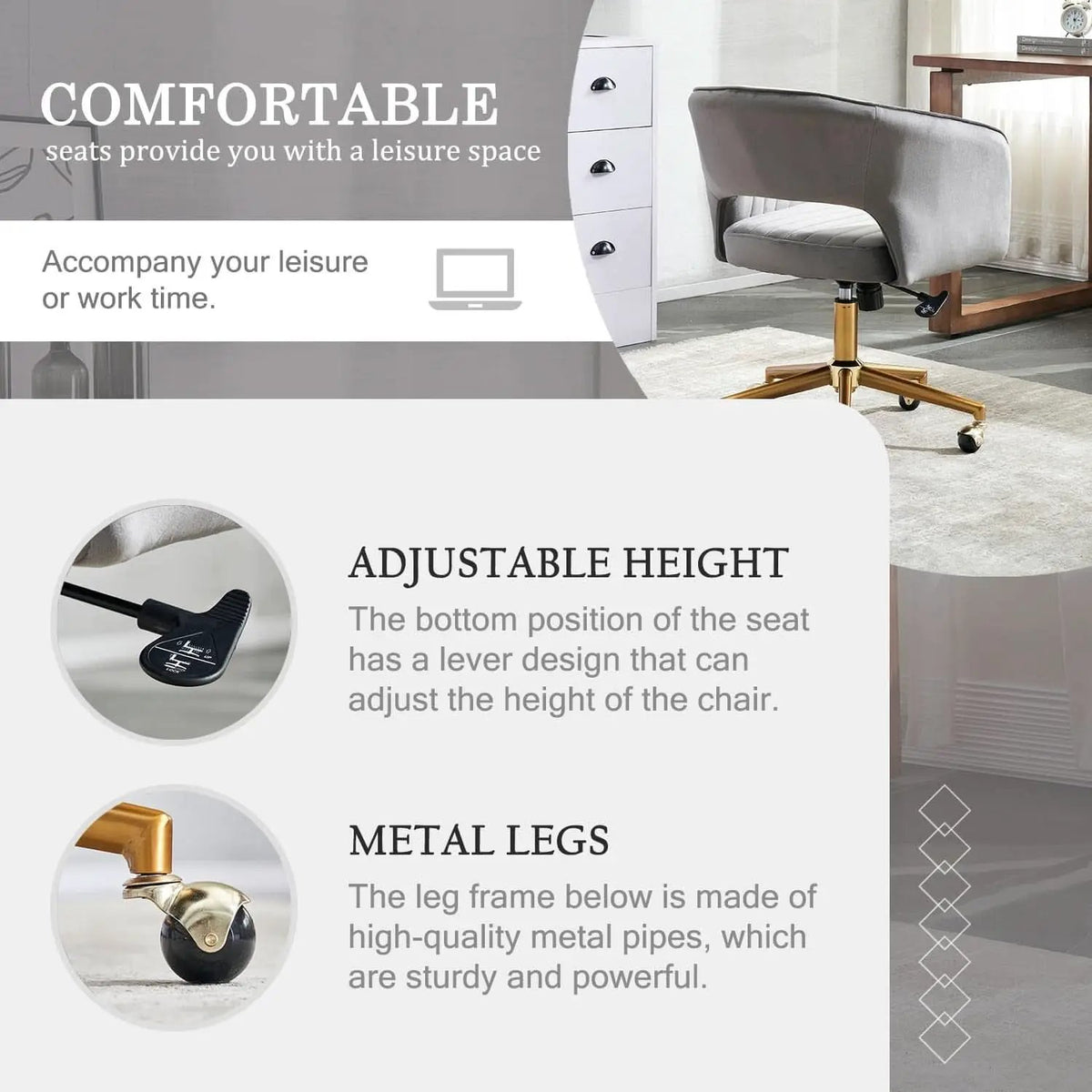 Grey Velvet Home Office Chair With 360 Swivel And Gold Base from PriceLows™