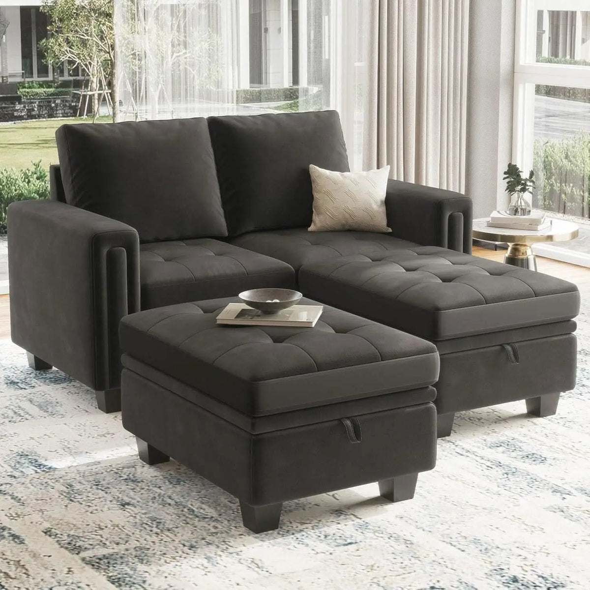 Grey Velvet Modular Sectional Sofa With Storage And Sleeper from PriceLows™