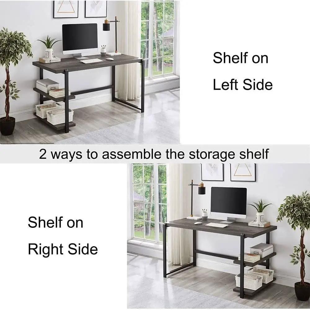 Grey Wood Rustic Industrial Computer Desk With Two Shelves