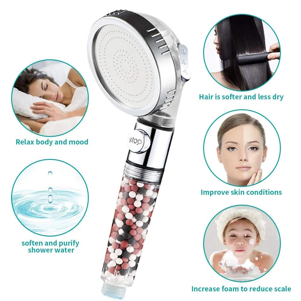 Shower Head | 3 Modes High Pressure With On Off Switch | Mineral Balls Filter Water | Handheld