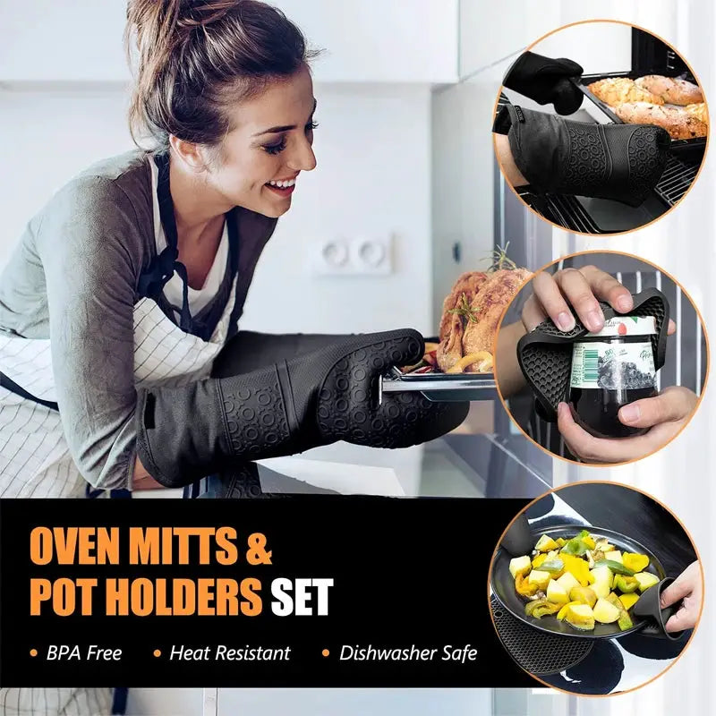 Oven Mitts and Pot Holders Set | Silicone | Extra Long | 6 Piece