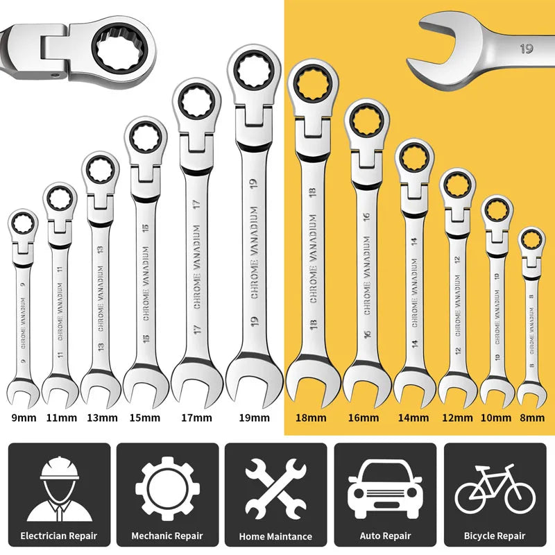 Flex Head Ratcheting Wrench Set,Combination Ended Spanner kits, Chrome Vanadium Steel Hand Tools Socket Key Ratchet Wrench set from PriceLows™