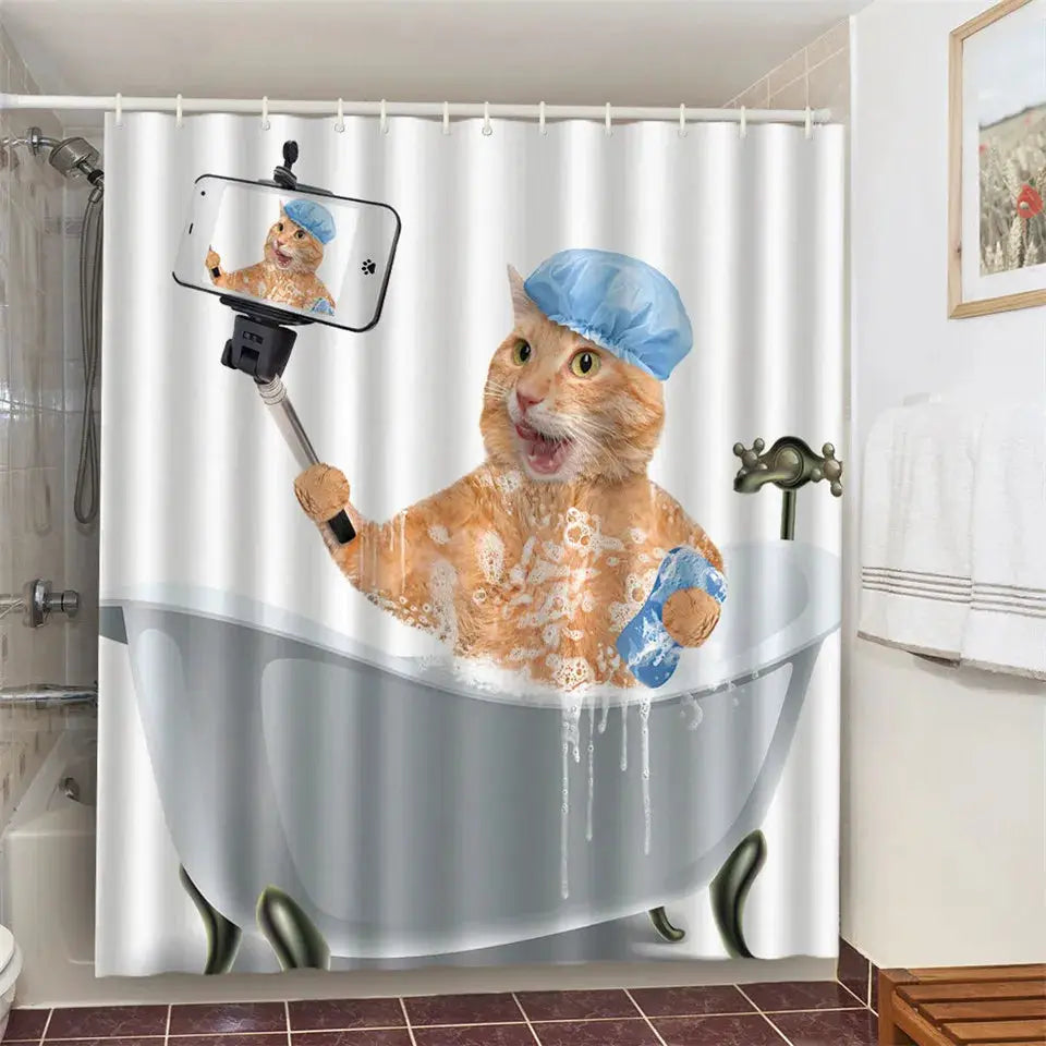 Cat Brushing Teeth Shower Curtain Bathroom Product Waterproof Durable Polyester Fabric Room Decoration cortinas With 12pcs Hooks from PriceLows™