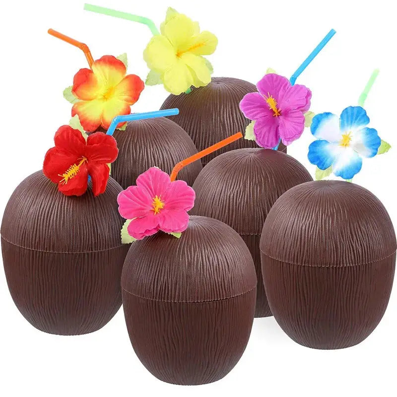 Plastic Drinking Cups | 6-Set Tropical Style | With Straws For Luau Parties