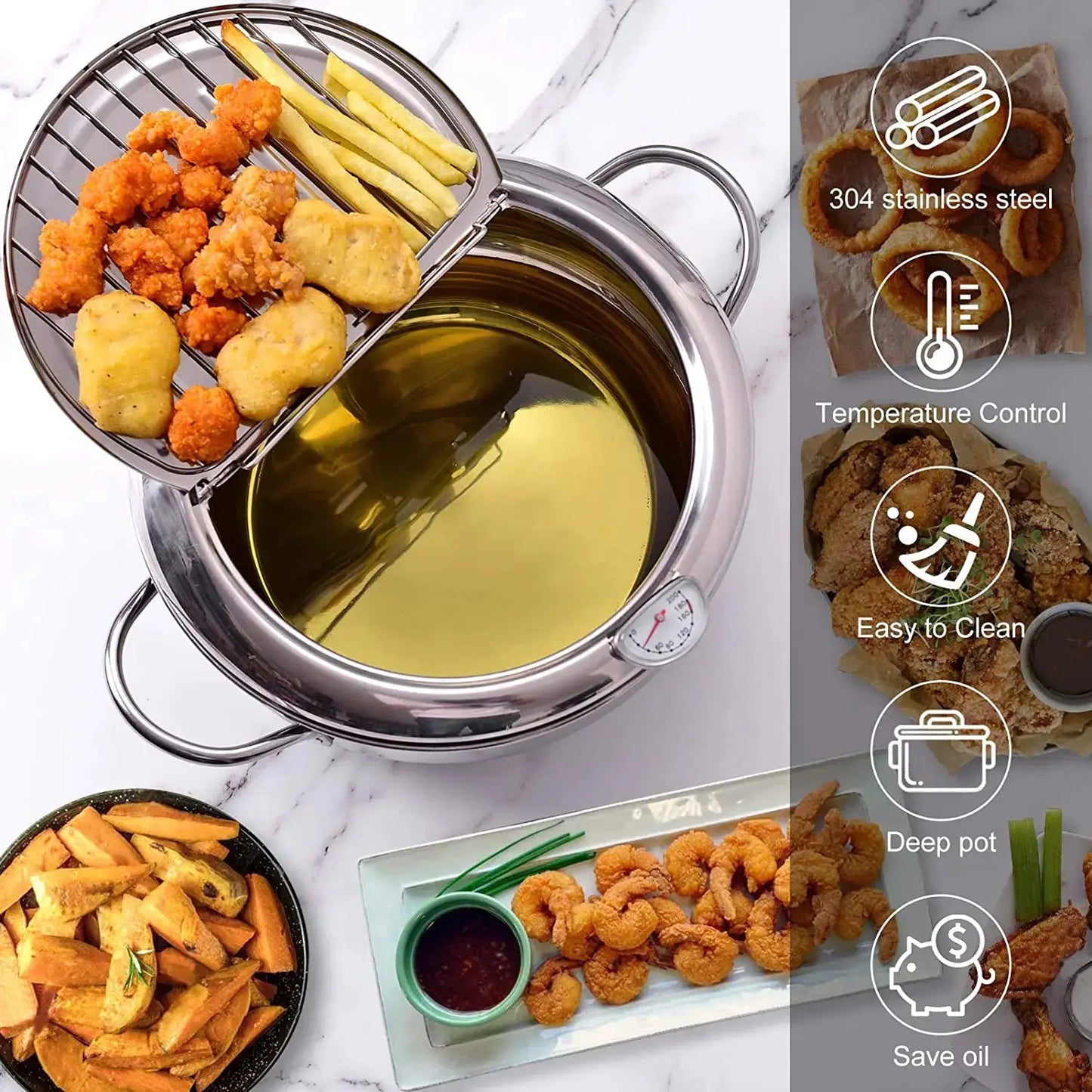 Deep Frying Pot | 304 Stainless Steel | With Thermometer And Lid | 20cm, 24cm