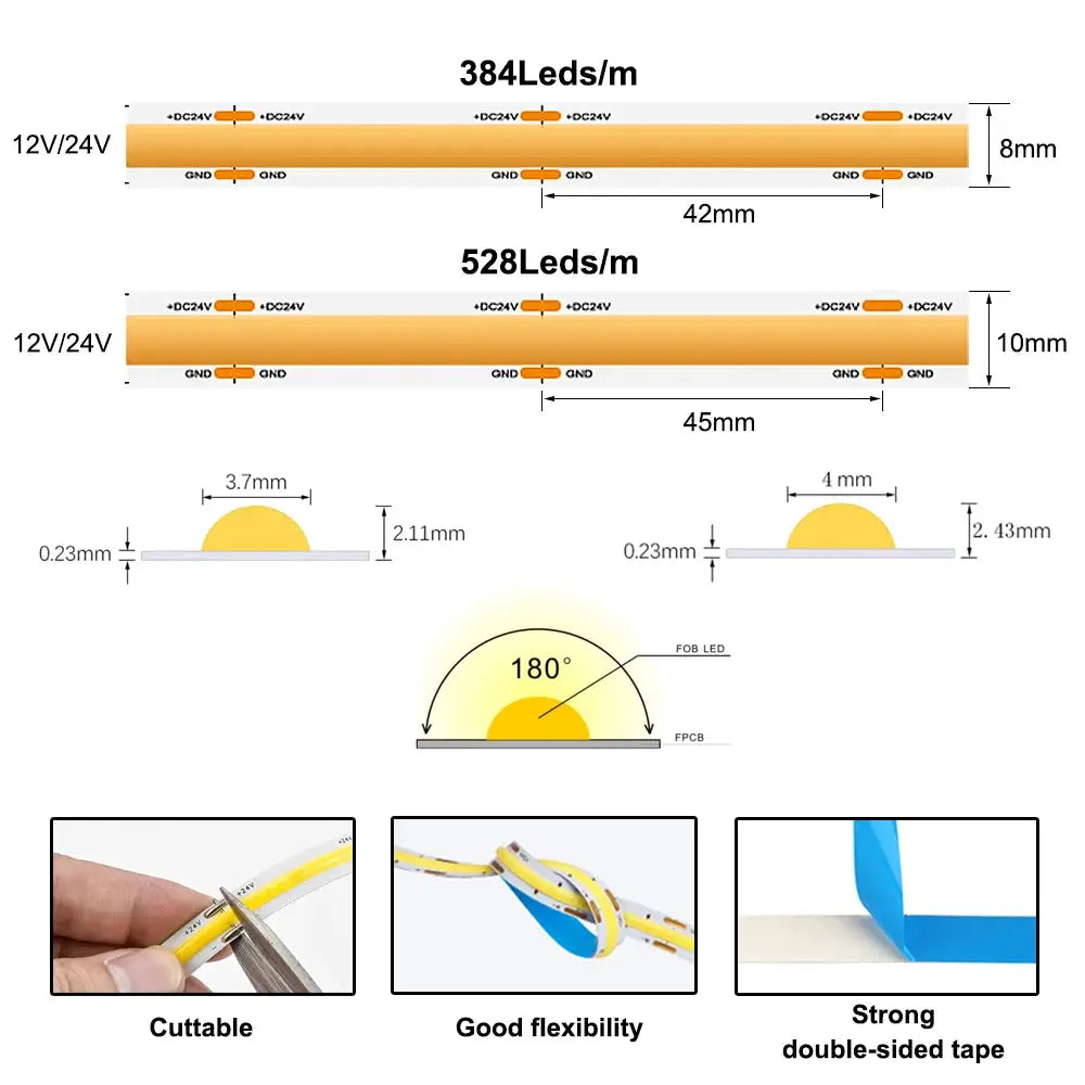 COB LED Strip 480 528 Chips/M High Density Flexible FOB Led Red Green Blue Warm Nature Cool White Linear Dimmable Light 12V 24V from PriceLows™