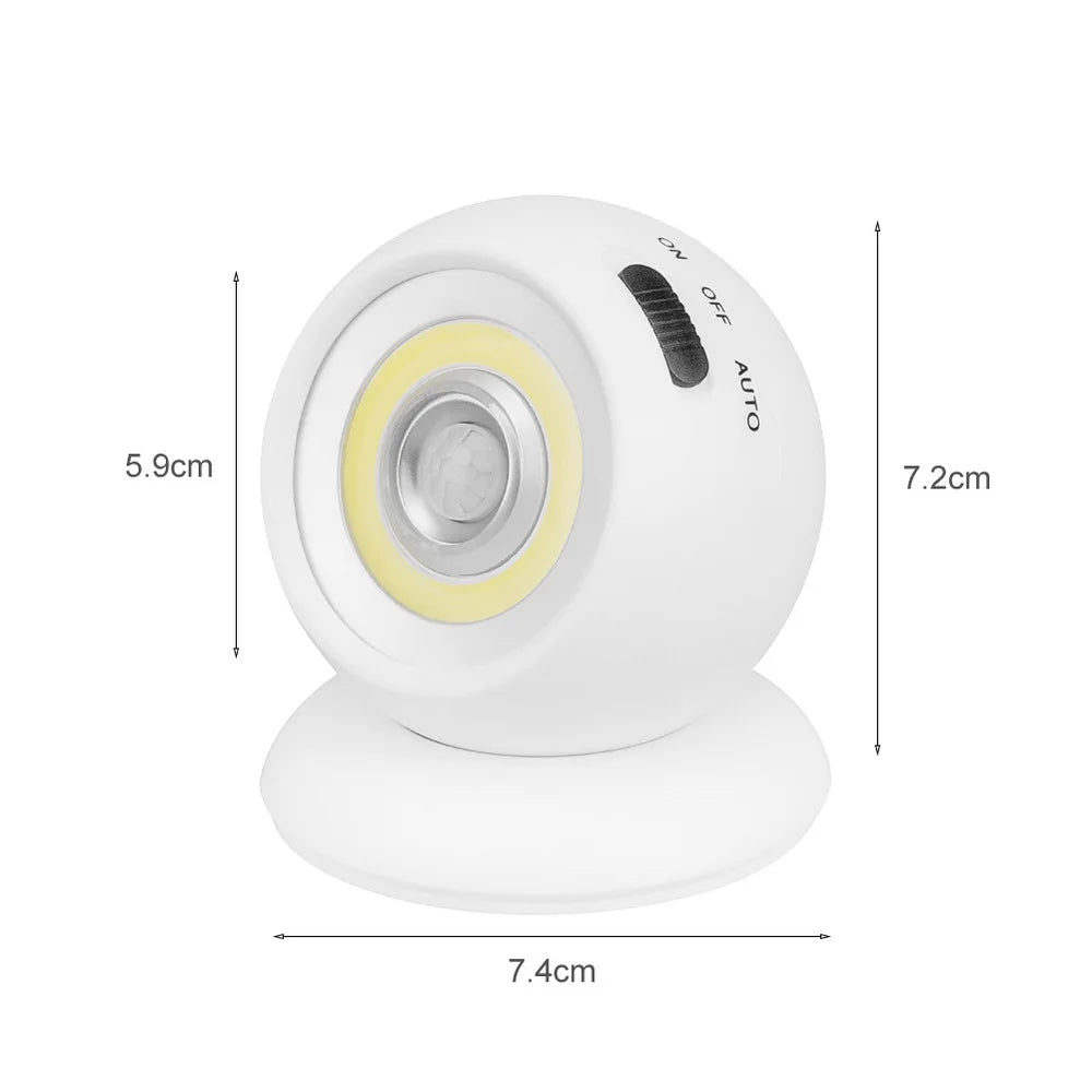 LED Night Light | 360 Degree Rotating COB Ball | PIR Sensor | USB Battery Powered