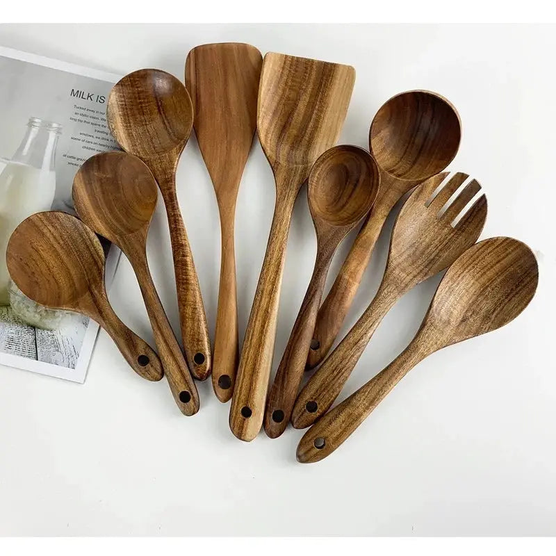 1-9Pcs/set Wooden Kitchen Utensils Set, Wooden Spoons for Cooking, Utensils,Natural Teak Wooden Spoons For Non-stick Pan Gift from PriceLows™
