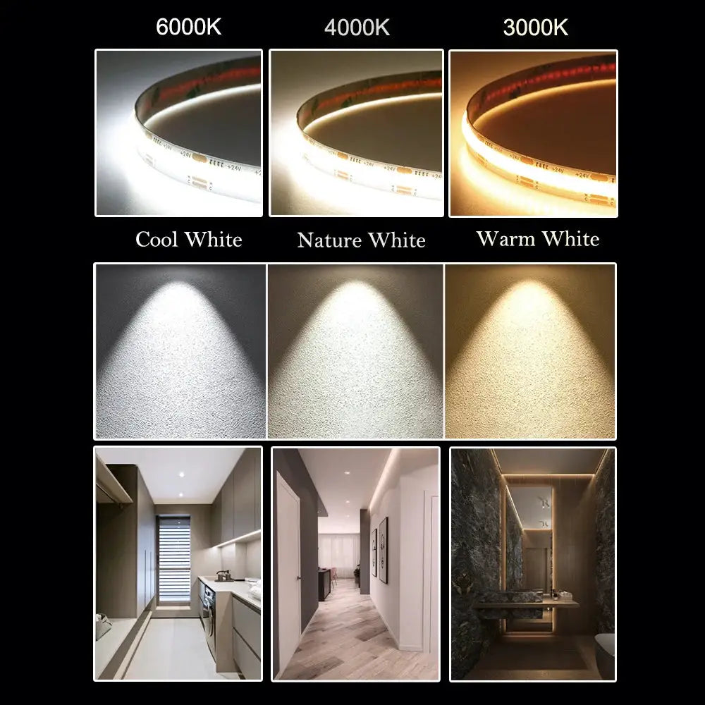 COB LED Strip 480 528 Chips/M High Density Flexible FOB Led Red Green Blue Warm Nature Cool White Linear Dimmable Light 12V 24V from PriceLows™