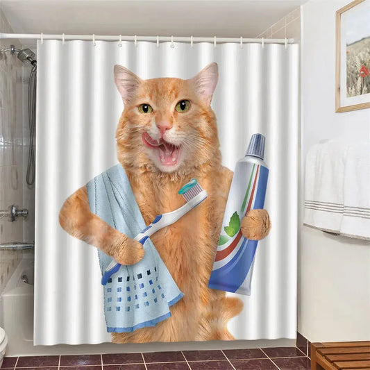 Cat Brushing Teeth Shower Curtain Bathroom Product Waterproof Durable Polyester Fabric Room Decoration cortinas With 12pcs Hooks from PriceLows™