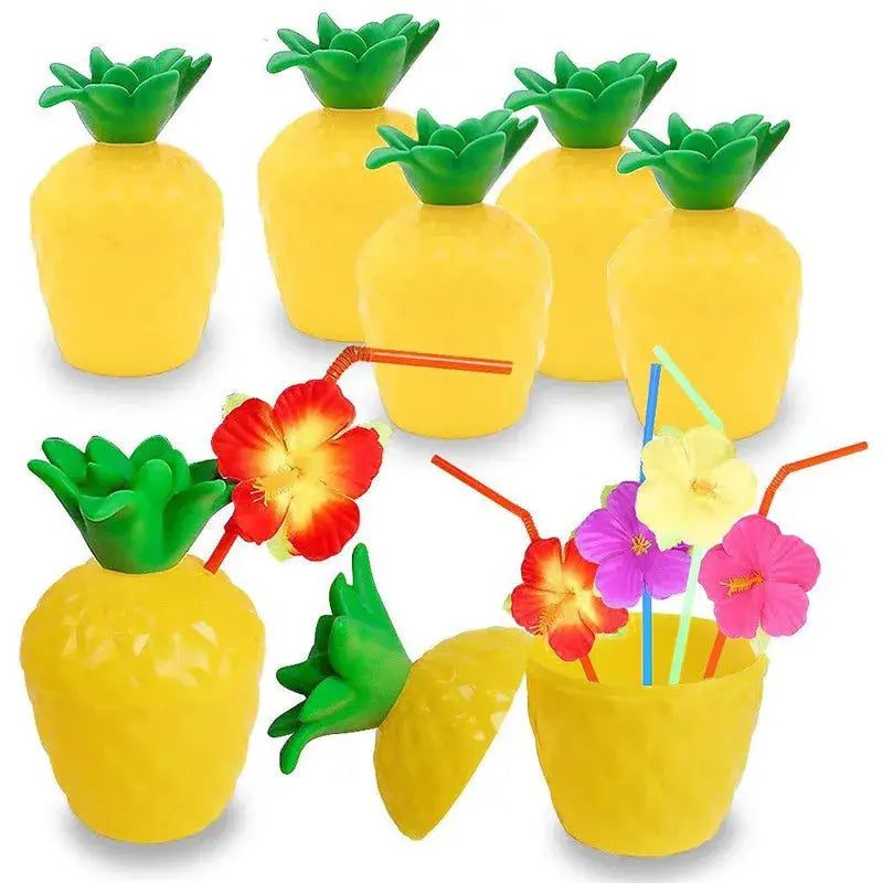Plastic Drinking Cups | 6-Set Tropical Style | With Straws For Luau Parties