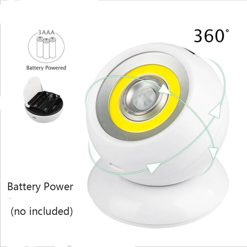 LED Night Light | 360 Degree Rotating COB Ball | PIR Sensor | USB Battery Powered