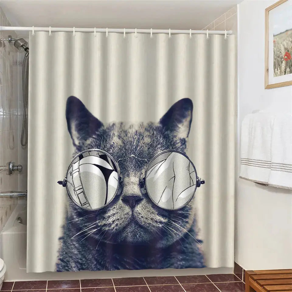 Cat Brushing Teeth Shower Curtain Bathroom Product Waterproof Durable Polyester Fabric Room Decoration cortinas With 12pcs Hooks from PriceLows™