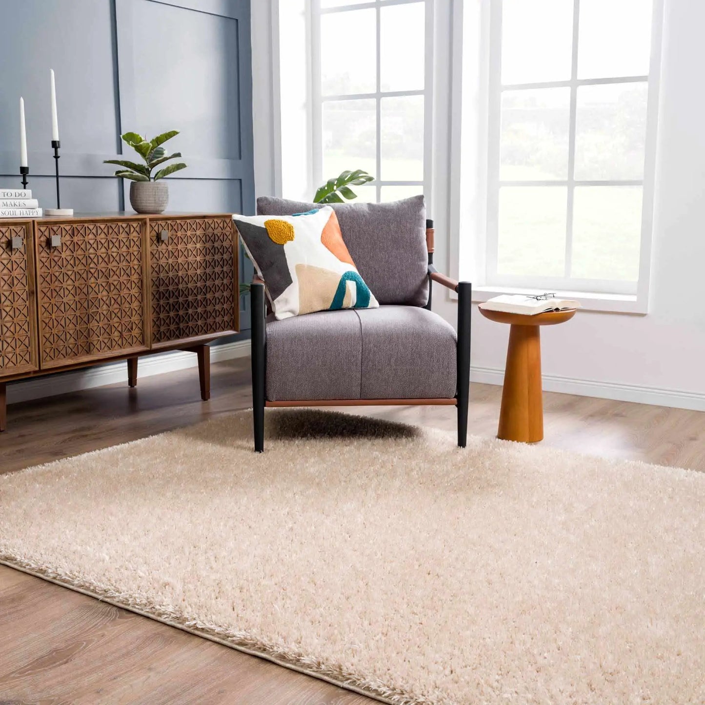 Faina Solid Beige Shag Rug Washable from PriceLows™