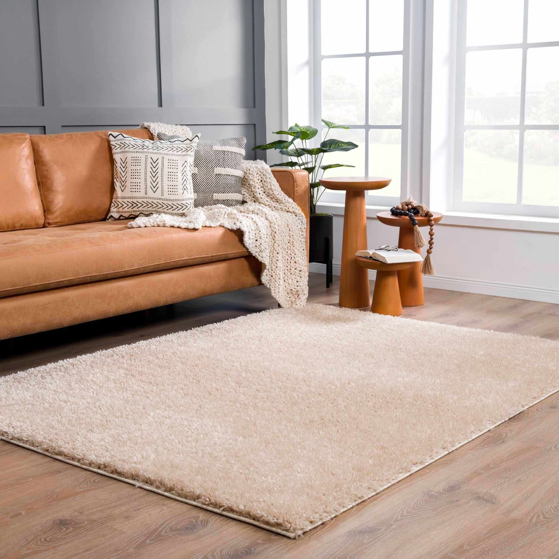 Faina Solid Beige Shag Rug Washable from PriceLows™