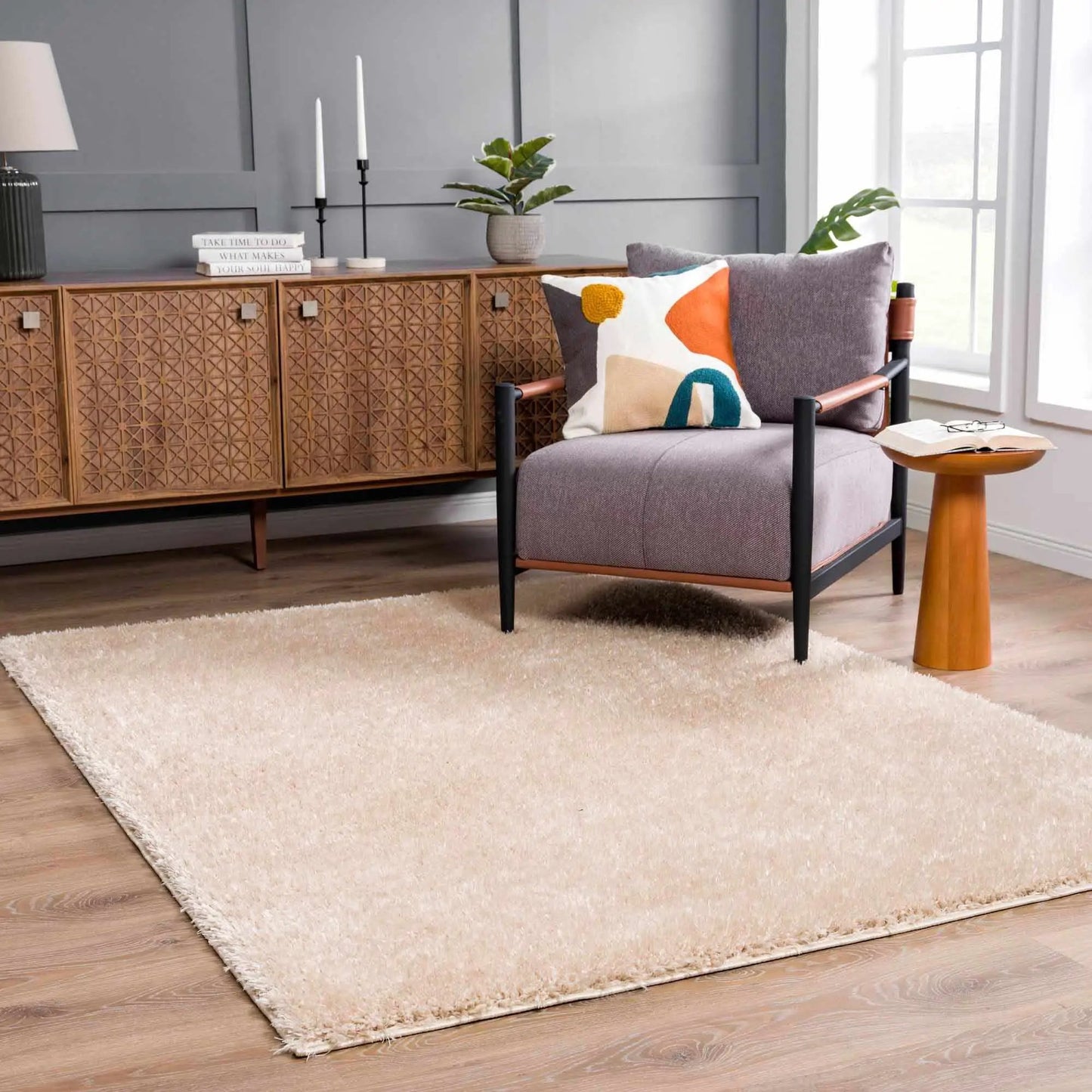 Faina Solid Beige Shag Rug Washable from PriceLows™