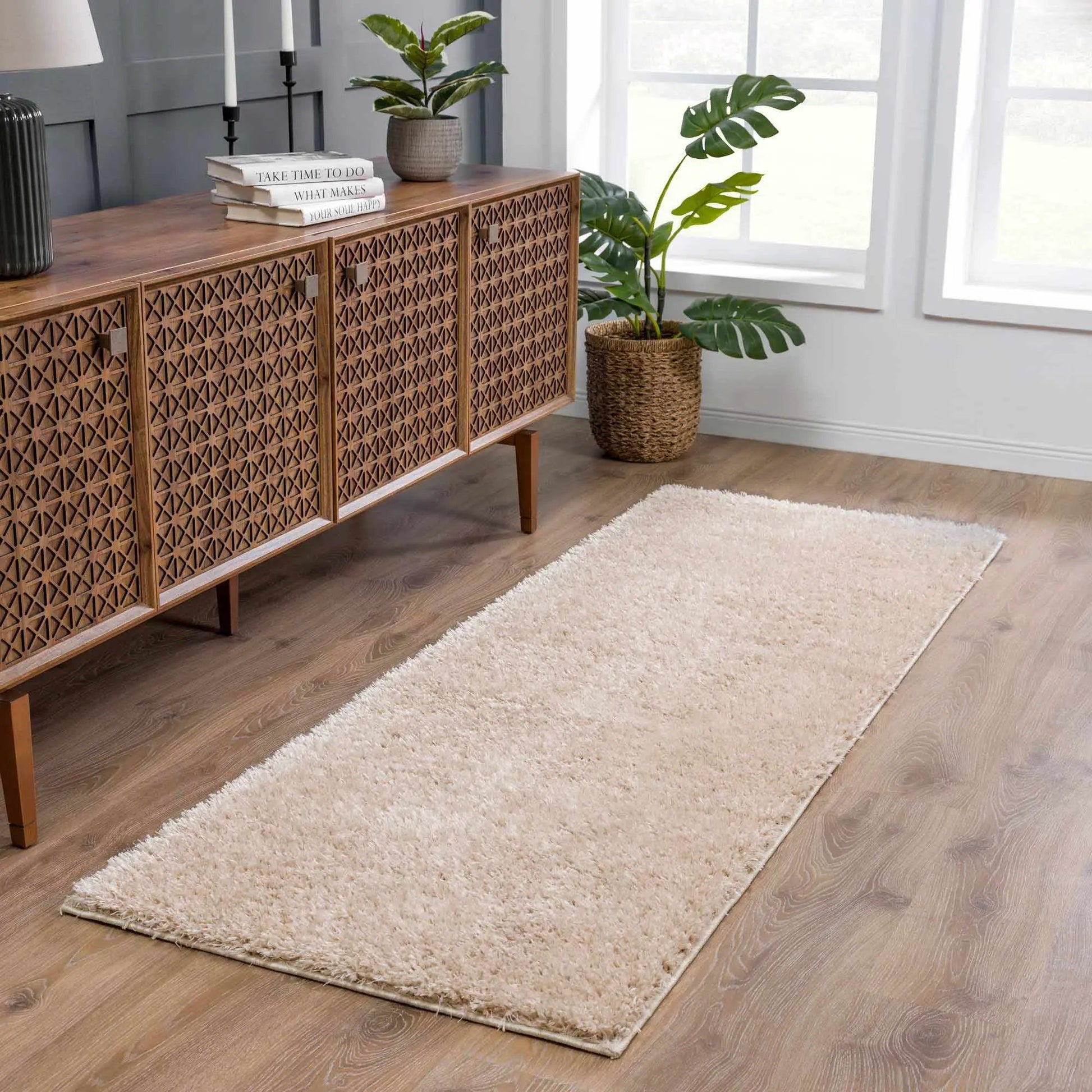 Faina Solid Beige Shag Rug Washable from PriceLows™