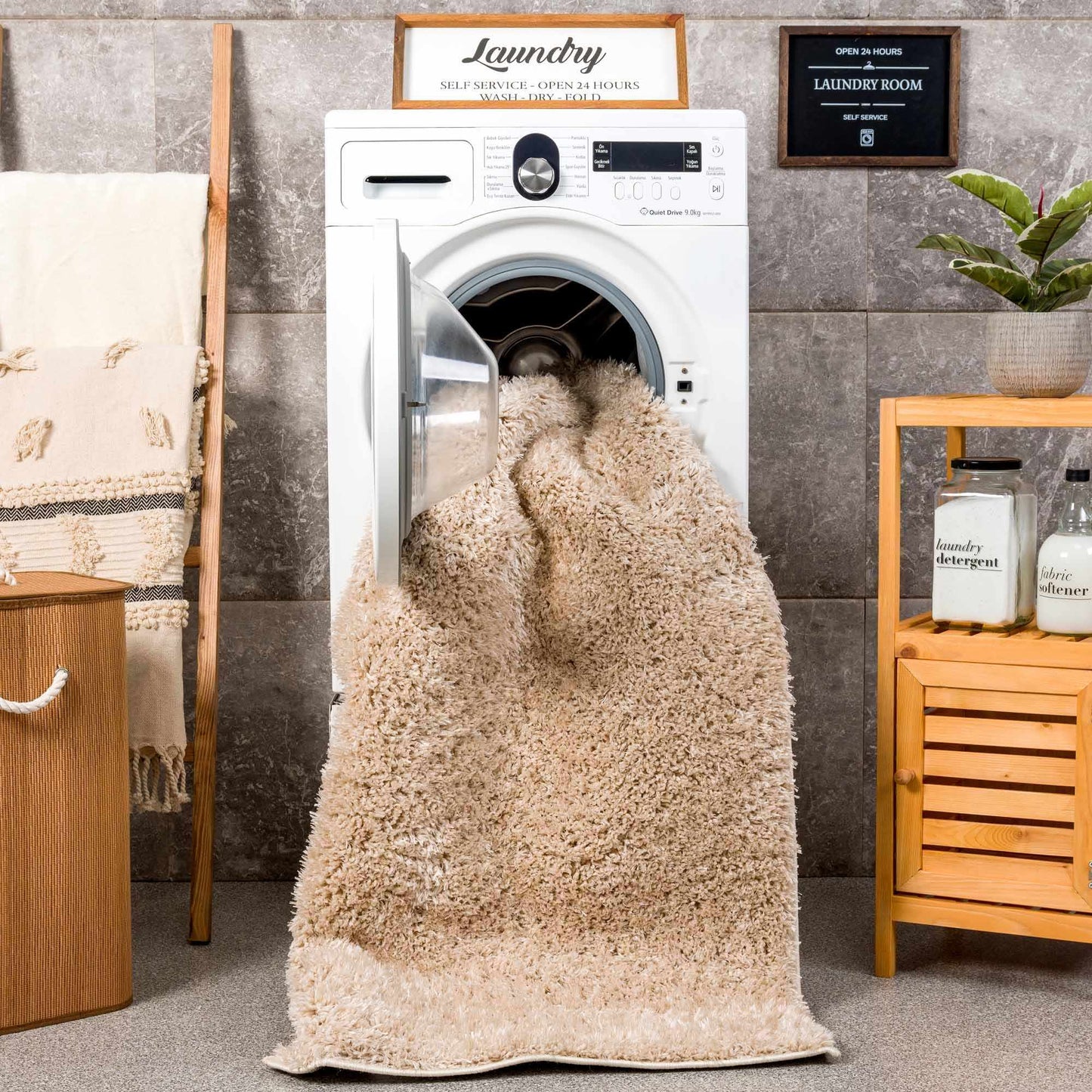 Faina Solid Beige Shag Rug Washable from PriceLows™