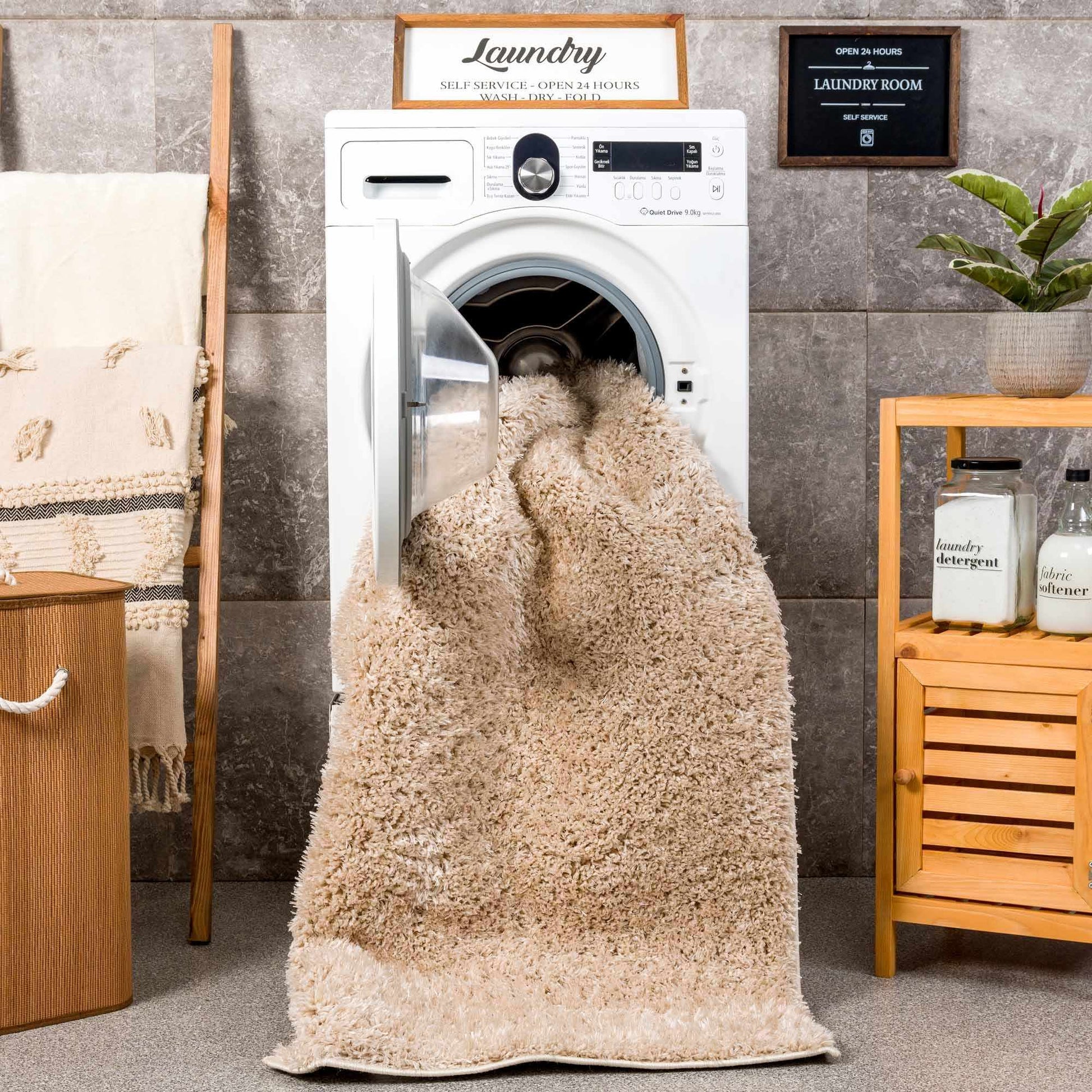 Faina Solid Beige Shag Rug Washable from PriceLows™