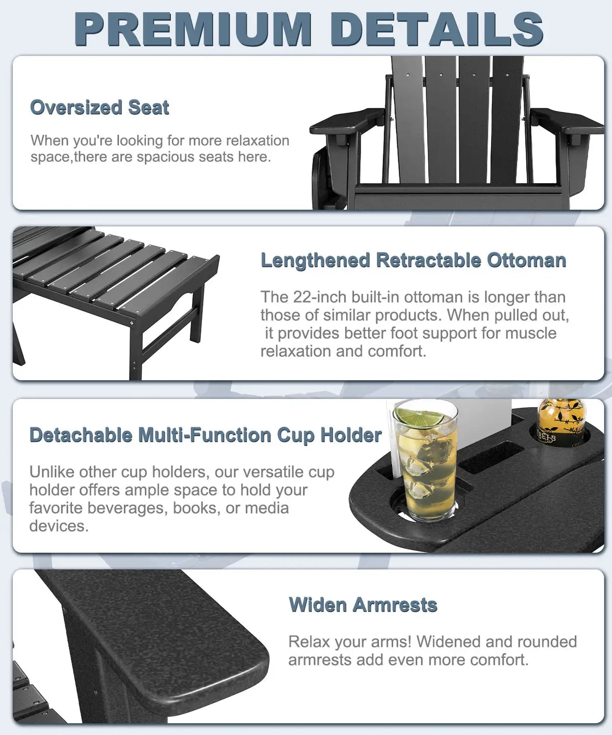 NAVINE 2pcs Adjustable Adirondack Chair Retractable Ottoman Footrest HDPE Folding Cup Holder All Weather Outdoor Patio Fire Pit from PriceLows™