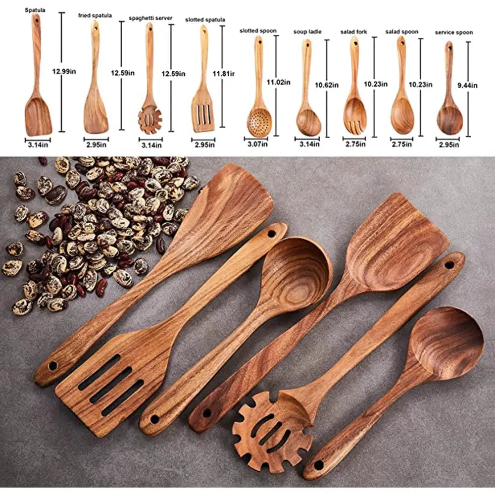1-9Pcs/set Wooden Kitchen Utensils Set, Wooden Spoons for Cooking, Utensils,Natural Teak Wooden Spoons For Non-stick Pan Gift from PriceLows™