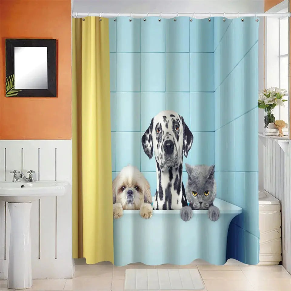 Cat Brushing Teeth Shower Curtain Bathroom Product Waterproof Durable Polyester Fabric Room Decoration cortinas With 12pcs Hooks from PriceLows™