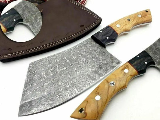Hand Forged Damascus Cleaver Butcher Knife 10" Blade with Pakka or Olive Wood Handle | 10 Inch | Damascus Steel | cleaver Knife