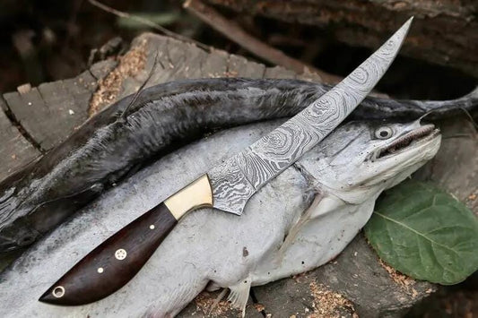 Hand-Forged Damascus Fillet Knife - 8" Blade, Rosewood Handle & Brass Bolster | 8 Inch | Damascus Steel | damascus steel fillet