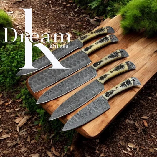 Hand-Forged Damascus Steel Cooking Knives Set - 13" Camel Bone Handle | 13 Inch | Damascus Steel | Kitchen Knives Set