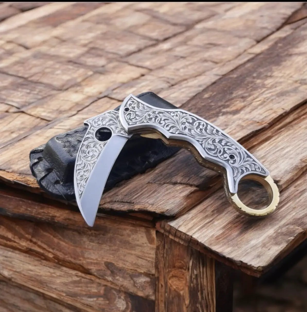 Hand-Engraved J2 Steel Folding Knife with Leather Case - 7.5" Overall Length from PriceLows™