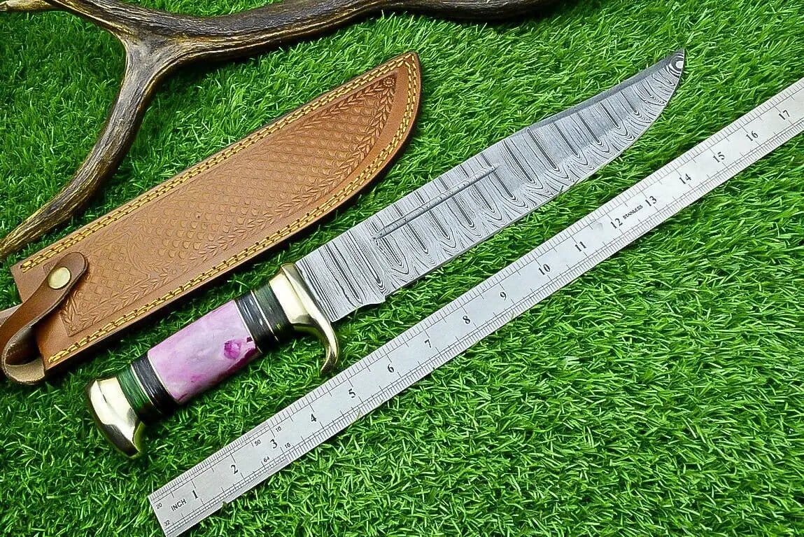 Damascus Steel "The Bowie" Knife 16" with Brass Guard and Resin Pakkawood Handle | 16 Inch | Damascus Steel | bowie Knife