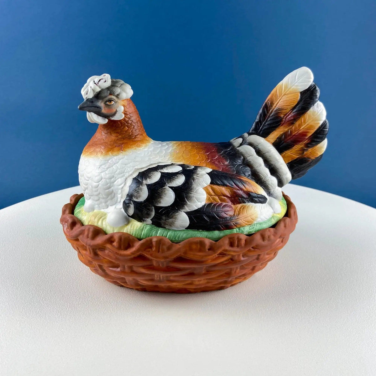 Hand Painted Large Hen in a Basket Covered Serving Bowl | Rare Ceramic Chicken Sitting on Eggs Butter Bowl with Lid | Dining Room Decor | Collectors & Hosts