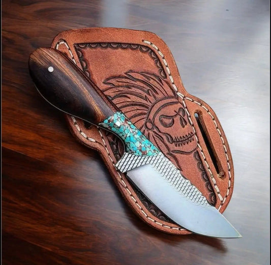 Handcrafted Belt Knives - 8" Rasp Steel Blade with Turquoise & Rosewood Handle | 8 Inch | Rosewood | cowboy Knife