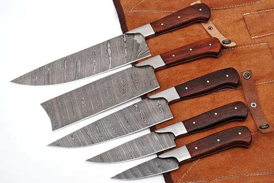 Custom Handmade Damascus Kitchen Knife Set with Rosewood Handles and Twisted Pattern | Damascus Steel | Kitchen Knives Set | Home