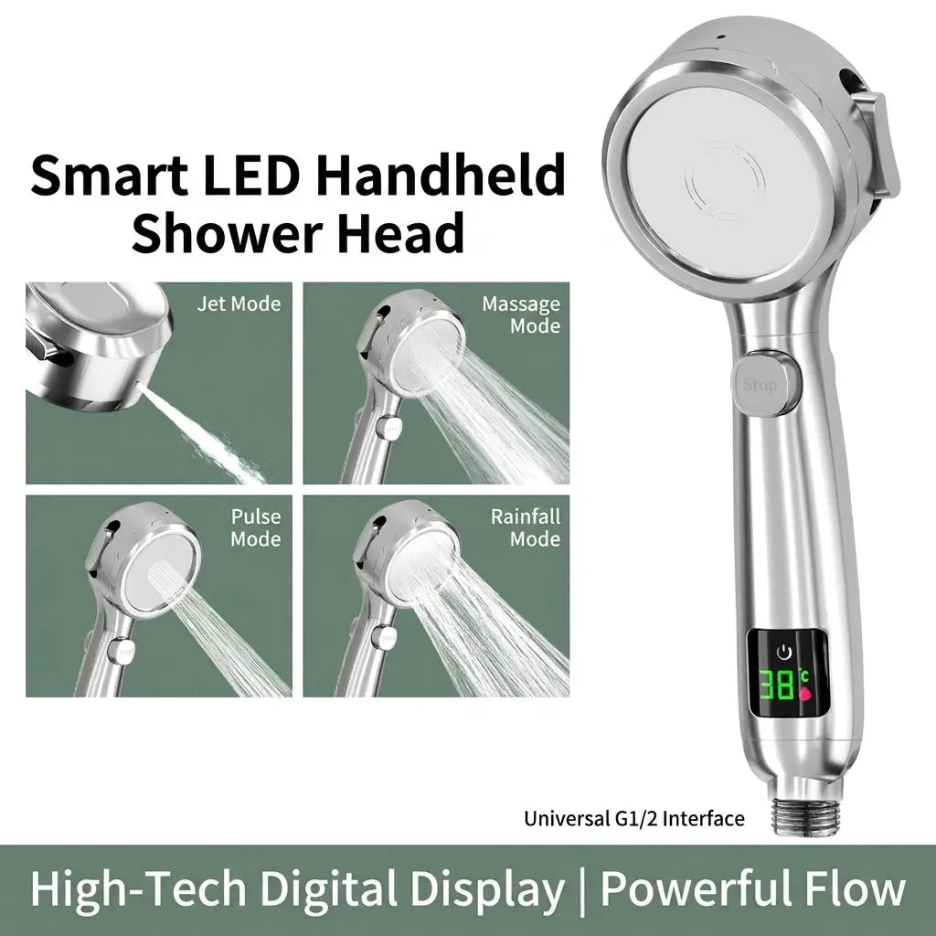 Handheld High-Pressure Bathroom Shower Head, Water-Saving Design with 4-Speed Modes & LED Digital Temperature Display from PriceLows™