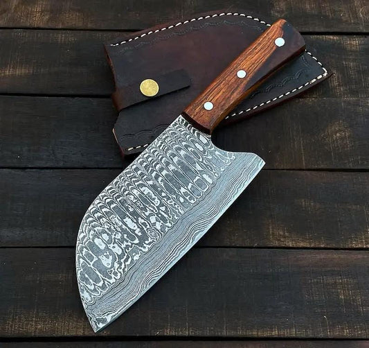 Handmade 10" Damascus Steel Cleaver - Rosewood Handle & Leather Sheath | 10 Inch | Damascus Steel | cleaver Knife
