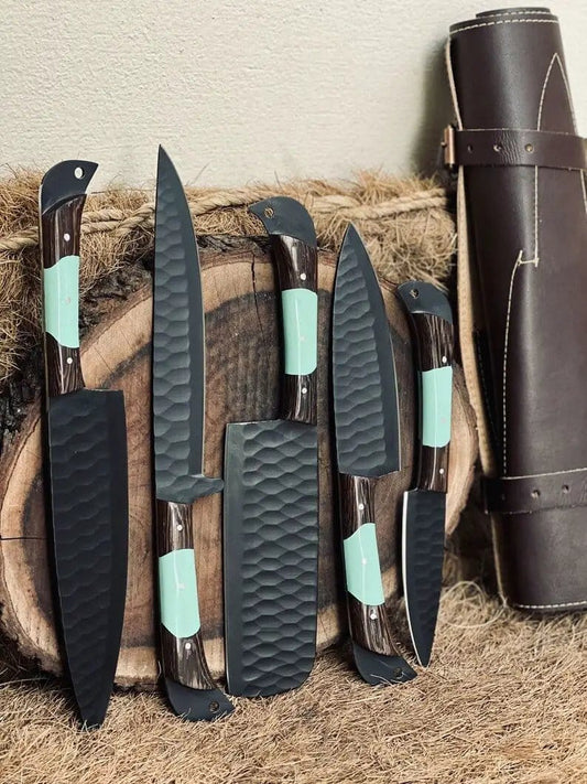 Handmade D2 Steel Chef Set of 5 pcs, Black Lover Knives, Kitchen Set Leather Sheath | 5-Piece | Steel | Kitchen Knife