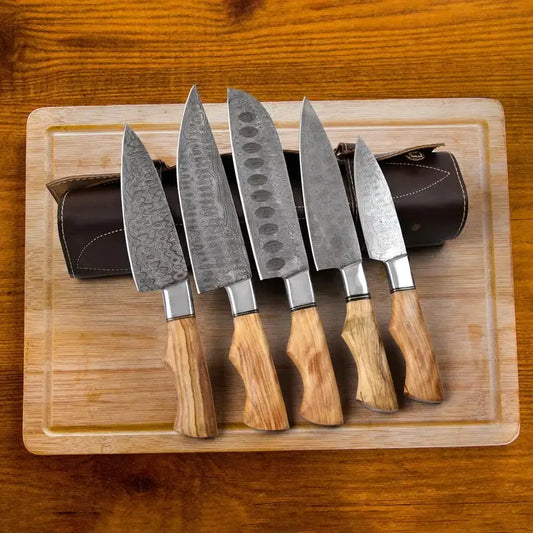Handmade Damascus Chef Knife Set of 5Pcs With Brown Olive Wood and Steel Gift for | 5-Piece | Olive Wood | Kitchen Knife