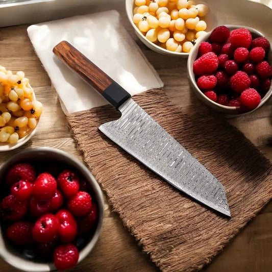 Handmade Damascus Chef Knife handle made of olive wood details | Damascus Steel | Kitchen Knife | Home