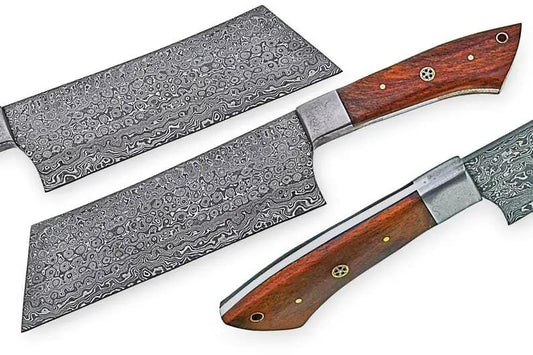Handmade Damascus Cleaver Knife - 12" Rosewood Handle with Leather Sheath | 12 Inch | Damascus Steel | Home