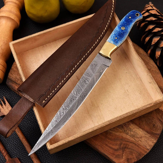 Handmade Damascus Fillet Knife Brass & Resin Handle with Leather Sheath | Best | Damascus Steel | Home Use | Home