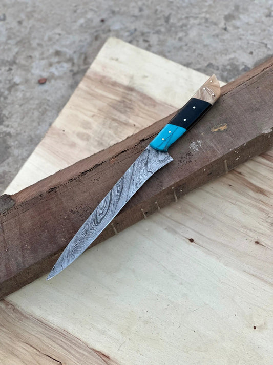 Handmade Damascus Steel Large Fillet Knife Hunting Fishing, Full Tang 13.5 inch (Style 9) | 13.5 Inch | Damascus Steel | Home