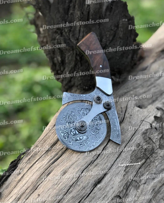 Handmade Damascus Steel Pizza Cutter | Hand Forged | Kitchen Tool